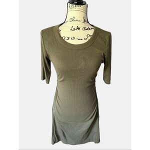 Michael Stars Olive Green Ribbed Ruched Dress Size LP Petite Large Cotton Modal